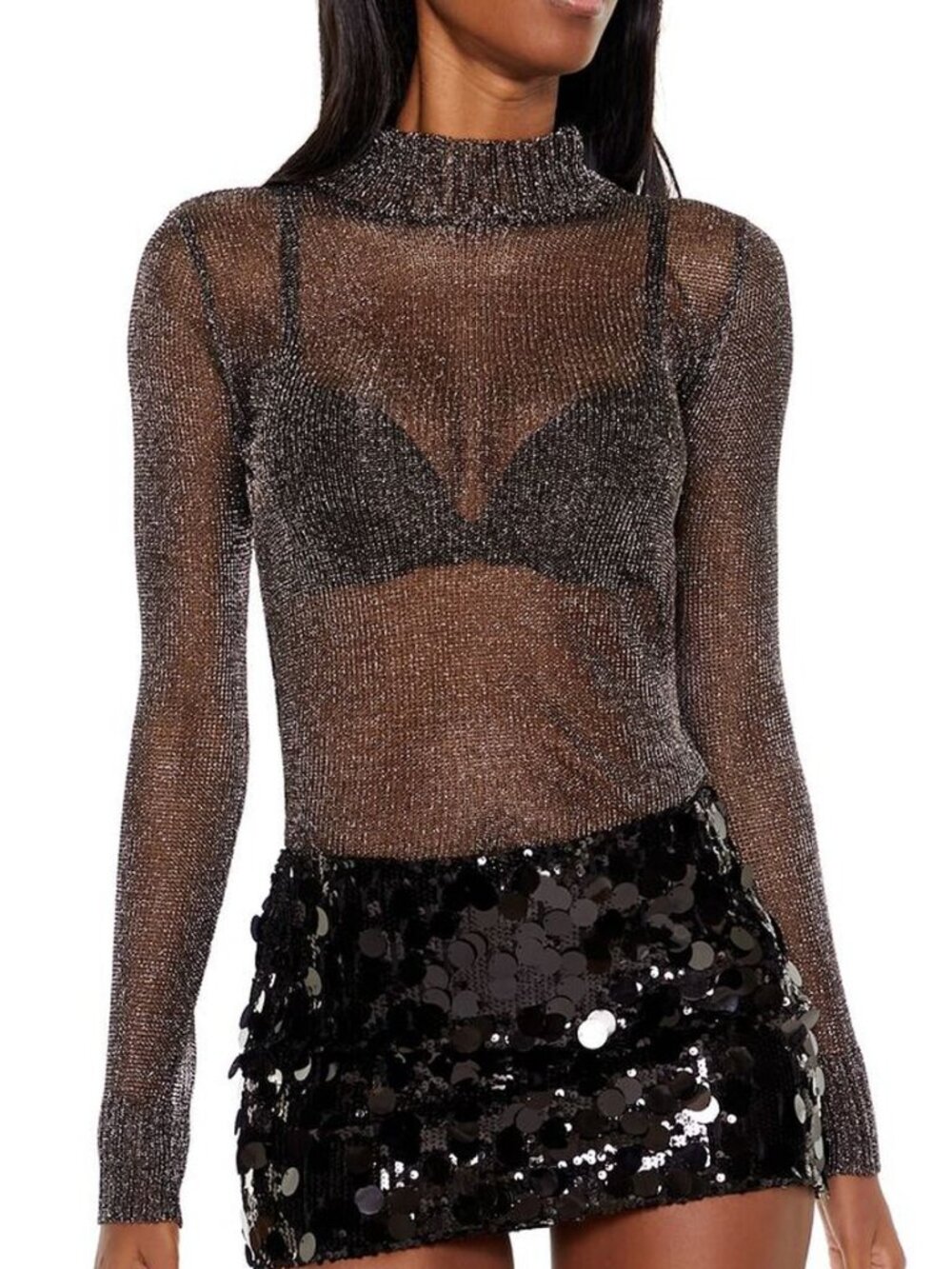 Black silver Sheer Glitter Turtleneck Sweater Forever 21 NWT holiday NYE party